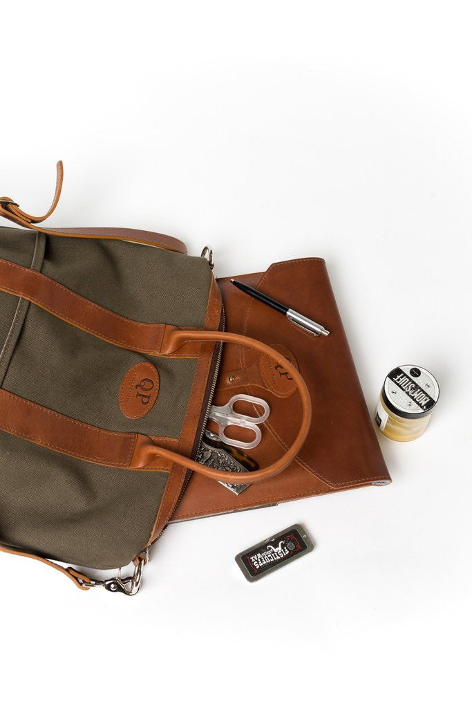 Tan and Green Helmet Bag